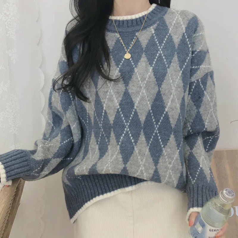 Rhombic Knit Pullover - Loose Winter Sweater