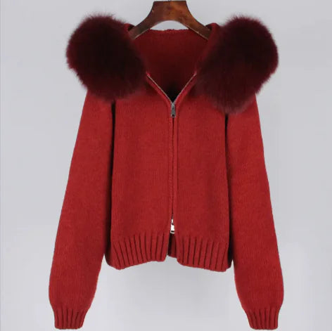 Fox Fur Collar Hooded Sweater