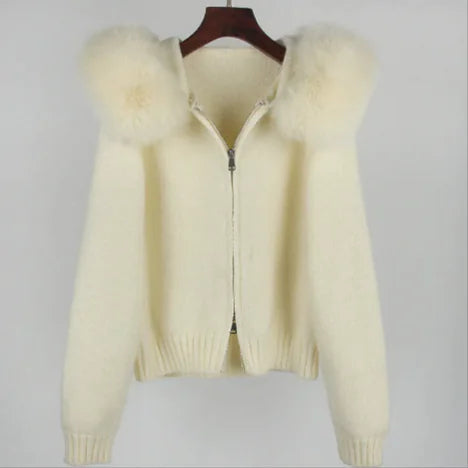 Fox Fur Collar Hooded Sweater