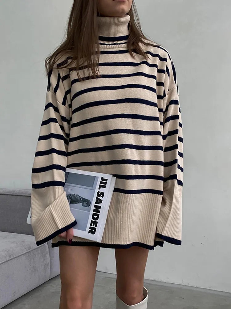 Loose Striped Turtleneck Sweater