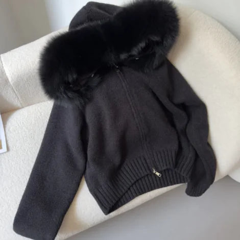 Fox Fur Collar Hooded Sweater