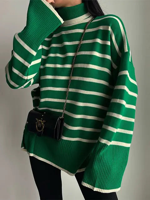 Loose Striped Turtleneck Sweater