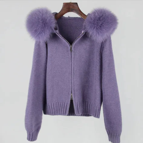 Fox Fur Collar Hooded Sweater