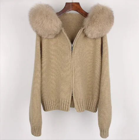 Fox Fur Collar Hooded Sweater