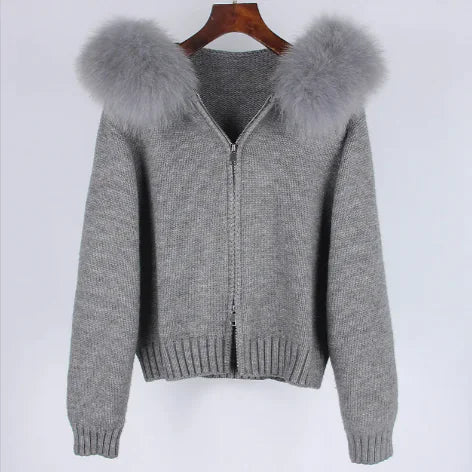 Fox Fur Collar Hooded Sweater