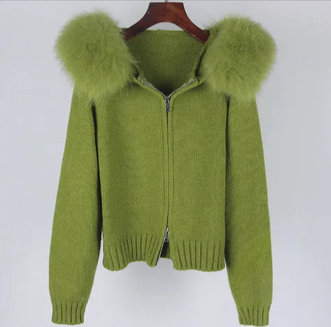 Fox Fur Collar Hooded Sweater